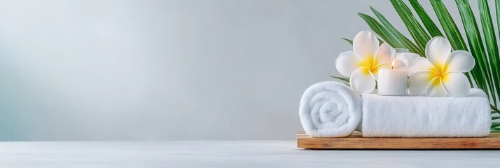 Poster - Rolled and folded white towels with frangipani flowers and burning candle on wooden board against light background with palm leaf create relaxing atmosphere for summer holiday