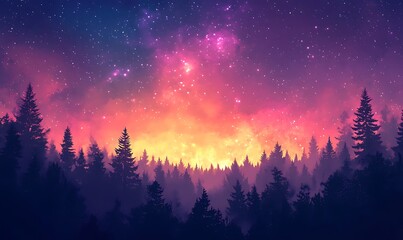Wall Mural - Violet and Pink Star Field with Forest Silhouette, HD Phone Wallpaper Featuring AI Artistry