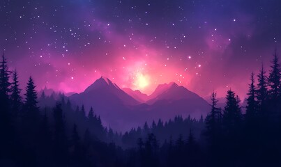 Wall Mural - Violet and Pink Star Field with Forest Silhouette, HD Phone Wallpaper Featuring AI Artistry