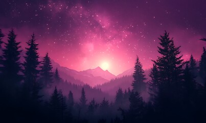 Wall Mural - Cosmic Violet and Pink Stars Over a Dark Forest Silhouette, HD Phone Wallpaper