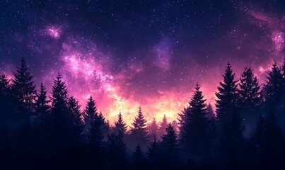Wall Mural - Pink and Violet Starry Sky Over a Forest Silhouette, High-Definition Phone Wallpaper