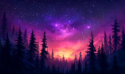 Wall Mural - Pink and Violet Starry Sky Over a Forest Silhouette, High-Definition Phone Wallpaper