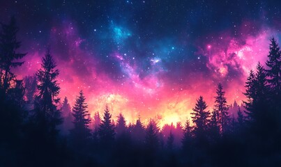 Wall Mural - Violet and Pink Starry Sky with Forest Silhouette Below, Stunning HD Phone Wallpaper Design