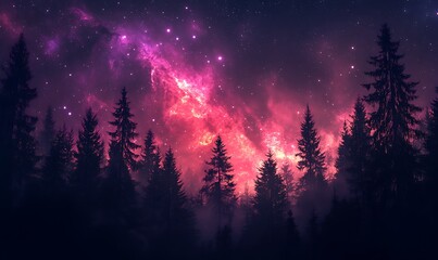 Wall Mural - Abstract Violet and Pink Starry Sky Over a Forest Silhouette, Perfect for HD Phone Wallpaper