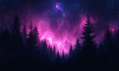 Wall Mural - Abstract Violet and Pink Starry Sky Over a Forest Silhouette, Perfect for HD Phone Wallpaper