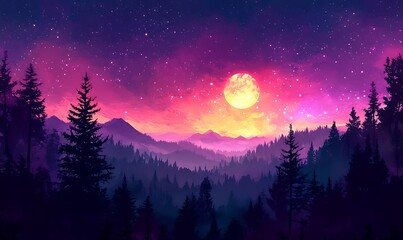 Wall Mural - Cosmic Violet and Pink Starry Sky Over Silhouette Forest Landscape, HD Phone Wallpaper