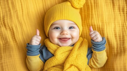 Wall Mural - A baby wearing a yellow hat and a yellow scarf is smiling and giving a thumbs up. Concept of happiness and joy, as the baby appears to be enjoying its time and expressing positive emotions