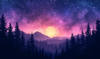 Wall Mural - Cosmic Violet and Pink Starry Sky Over Silhouette Forest Landscape, HD Phone Wallpaper