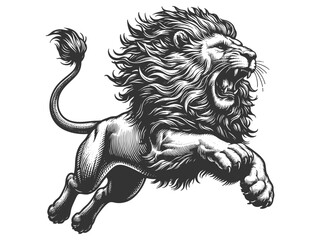 Wall Mural - lion in a powerful pouncing position, with a flowing mane, drawn in an engraving style sketch engrav