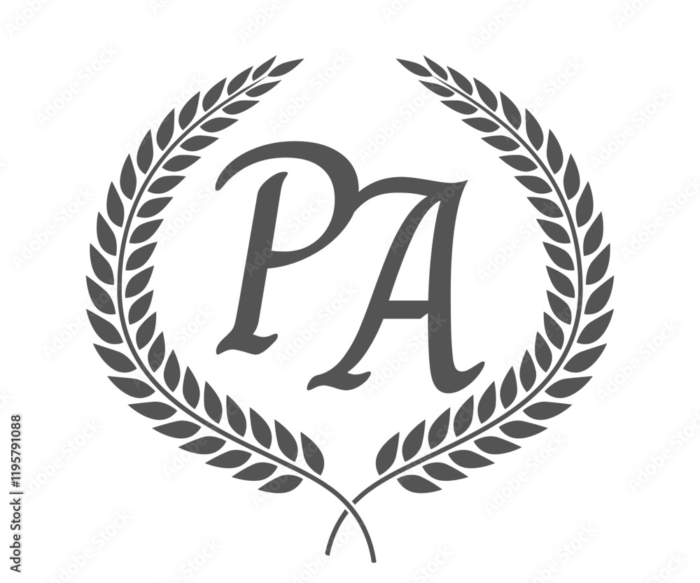 Initial letter P and A, PA monogram logo design with laurel wreath