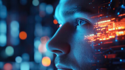 Aufkleber - Close-up profile of a man's face with superimposed digital data streams and glowing circuit patterns, set against a blurred city lights background.