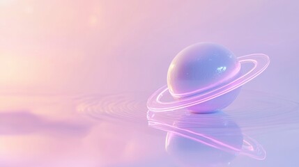 pastel planet with ring system reflecting on glossy surface.