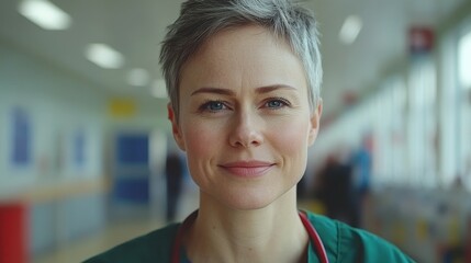 Wall Mural - A woman with short hair and a green shirt is smiling at the camera. She is a nurse and is standing in a hospital hallway