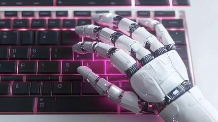 Wall Mural - white robot hand and human hand typing and work on key board , collaborate work , ai , artificial in