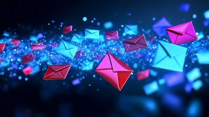 Colorful emails flowing in digital space, online communication, technology background, marketing concept