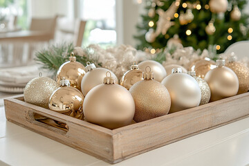 Wall Mural - The image shows a wooden tray filled with gold and beige Christmas ornaments, including shiny and matte balls, set against a blurred background of a festive, well-decorated room with a Christmas tree 