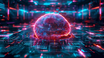 Glowing data sphere in futuristic digital landscape; tech concept