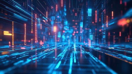 Leinwandbilder - Abstract digital landscape with glowing lines and data streams.