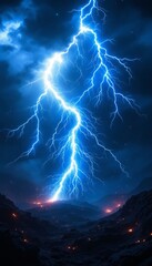 Wall Mural - a breathtaking display of electric blue and white lightning streaks across a dark sky during a magne