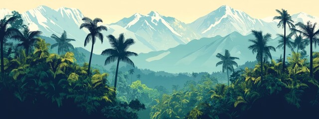 Wall Mural - A contemporary horizontal seamless tropical rainforest scene featuring mountains in the background