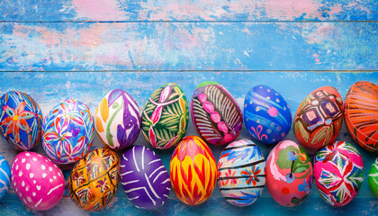 Wall Mural - Colorful Easter eggs in a flower field, lying in green grass, in the background the sun and a bunny, warm nice spring day