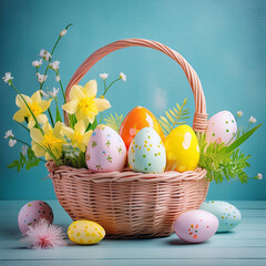 Wall Mural - Colorful Easter eggs in a flower field, lying in green grass, in the background the sun and a bunny, warm nice spring day