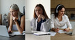 © fizkes - Attractive different women, young and middle-aged diverse profession and age females working or studying seated at desk at home and office. Workflow using modern wireless technologies, collage view