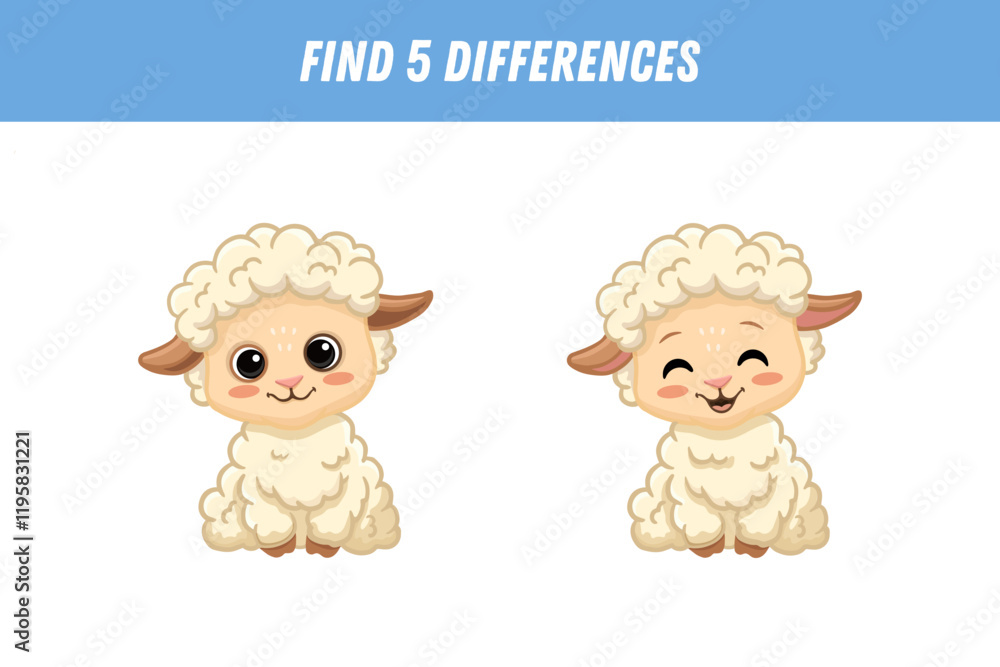 Find 5 differences between two pictures of cute sheep. Cartoon animal ...