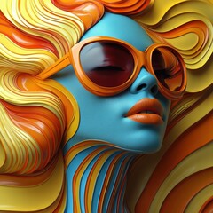 Wall Mural - Aesthetic portrayal of vibrant color waves blending seamlessly into a stylized face with oversized sunglasses in a surreal, abstract art style emphasizing bold contrasts and fluid shapes for dynamic