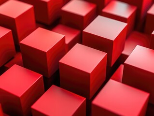 Wall Mural - Close up of red cubes arranged in a pattern. Concept of order and structure, as the cubes are neatly stacked and aligned. The red color of the cubes adds a bold and vibrant touch to the scene