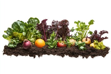 Wall Mural - A variety of vegetables and fruits in a garden setting. Includes leafy greens, root vegetables, fruits, and some soil.