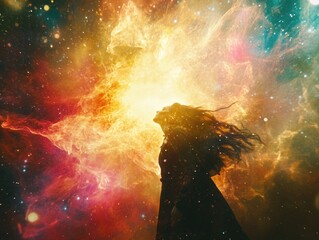 Wall Mural - Space-themed image featuring a female figure amidst vibrant celestial light and nebulous formations.