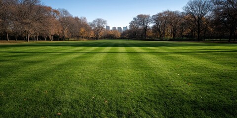 A vast green park stretches endlessly, flanked by bare autumn trees under a clear blue sky.