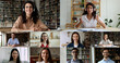 © fizkes - Young multiethnic students take part in virtual meeting, studying, e-learning, share skill and knowledge in library and home, multiple videos collage front faces view. Worldwide communication, e-study