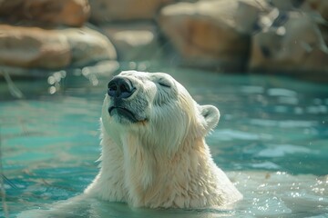 Wall Mural - large white polar bear swimming in cool blue water on a sunny day