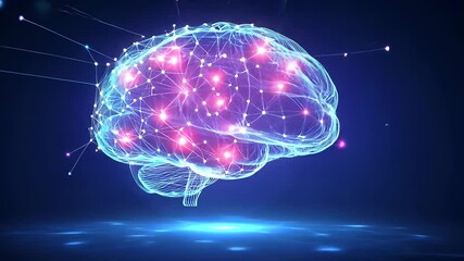 Aufkleber - Video with digital abstract background with glowing blue and purple connections forms the shape of an AI brain on a dark gradient, ideal for tech presentations and social network banners.