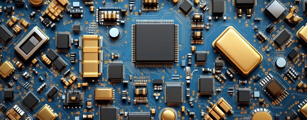In a cyber-themed computer circuit 3D illustration of a motherboard, an information field and data streams in blockchain code are displayed
