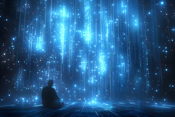 Wall Mural - a digital landscape featuring glowing blue particles and lines, creating an ethereal, futuristic atm