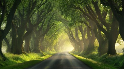 Poster - Sunlit Road Through A Canopy Of Lush Green Trees