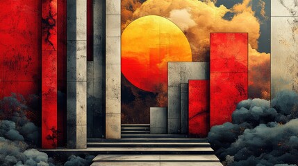 Canvas Print - Surreal Architecture with Bold Red and Grey Structures Under a Vibrant Orange Sunset as Abstract Clouds Drift in the Sky Creating a Mystical and Dreamlike Atmosphere