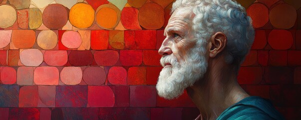 Canvas Print - A thoughtful elderly man with a contemplative expression stands against a vibrant, abstract background of multicolored geometric shapes, evoking a sense of wisdom and introspection.