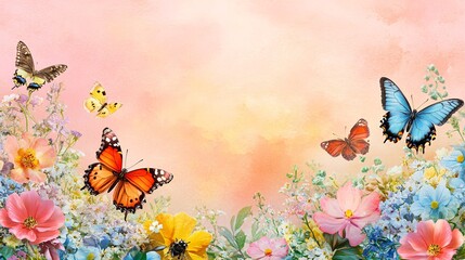 Sticker - Butterflies fluttering among vibrant flowers in a serene garden at sunset