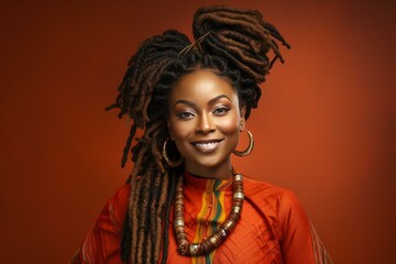 Wall Mural - Studio portrait of a beautiful african american woman with dreadlocks smiling and wearing an orange dress and wooden necklace