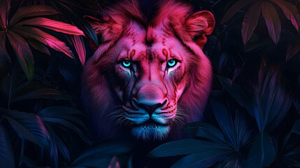 Wall Mural - surreal portrait of majestic lion with neon pink and blue coloring among tropical leaves. artistic w