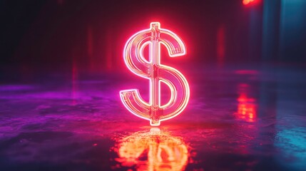 Aufkleber - Glowing neon dollar sign reflecting on dark, vibrant surface.
