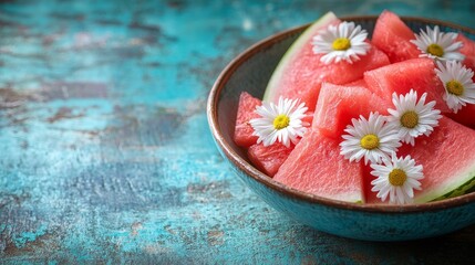 Sticker - A bowl of fresh watermelon slices garnished with white daisies on a textured turquoise background