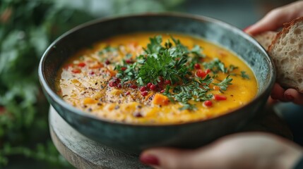 Sticker - A minimalistic bowl of hearty vegetable soup garnished with fresh herbs and colorful toppings, set on a rustic wooden surface