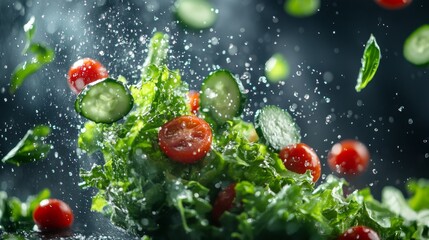 Sticker - A minimalistic stock photo featuring a fresh green salad with cherry tomatoes and cucumber, splashing water droplets in a dark background