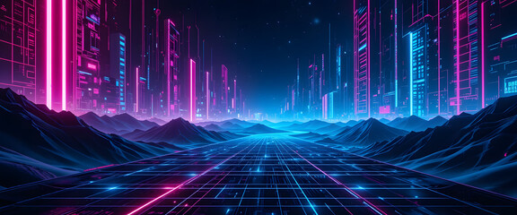 Wall Mural - futuristic digital landscape with neon light patterns and abstract cyber grid