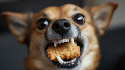 Wall Mural - Dog Eating Biscuit. Closeup of a Happy Dog Enjoying a Snack at Home